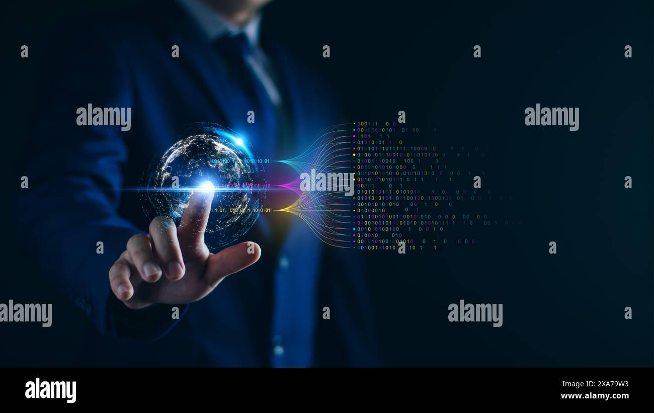 Data analytics and insights powered by big data and AI technologies. Data businessman analyzing complex information with artificial intelligence for b Stock Photo