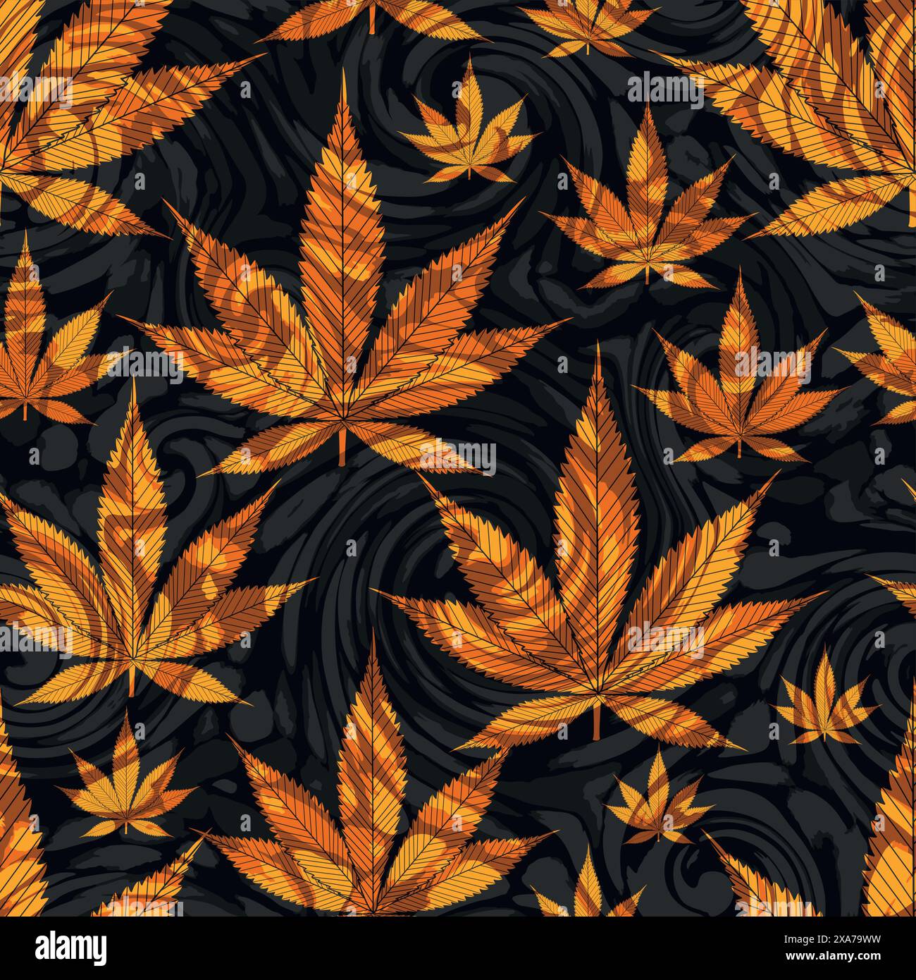golden cannabis leaves seamless pattern with waves black background ...