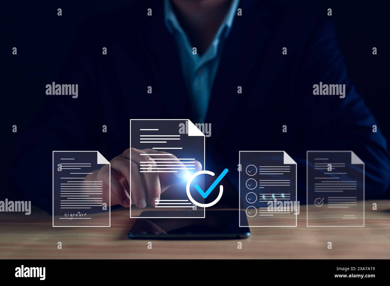 Manager is verifying the validity, security, approving requests, quality assurance, investment contracts. Online digital document work, paperless offi Stock Photo