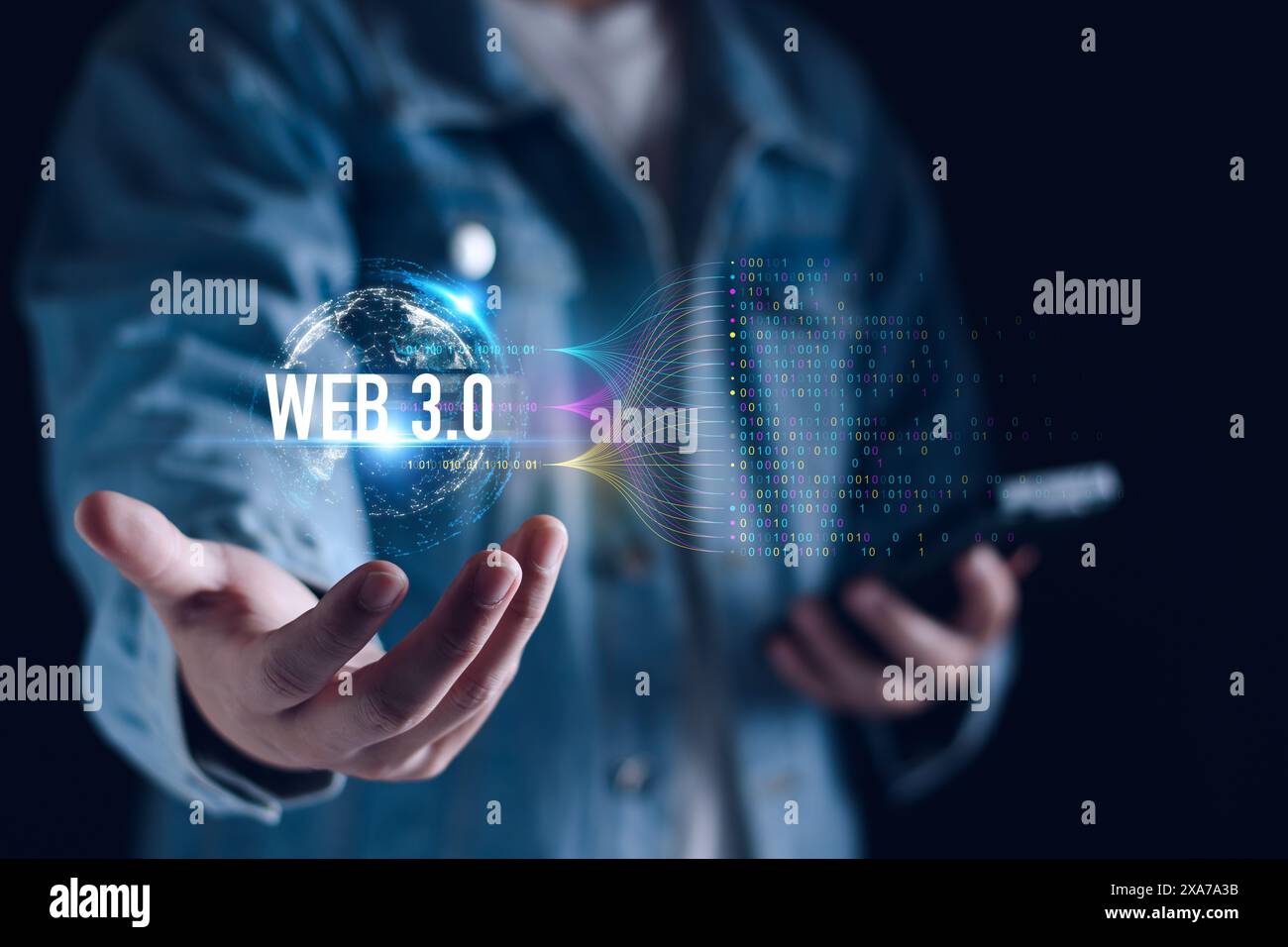 Web 3.0 concept. businessman hand show web 3.0 with globe. AI Technology global network, Future Technology Computer, Global Business Futuristic, websi Stock Photo