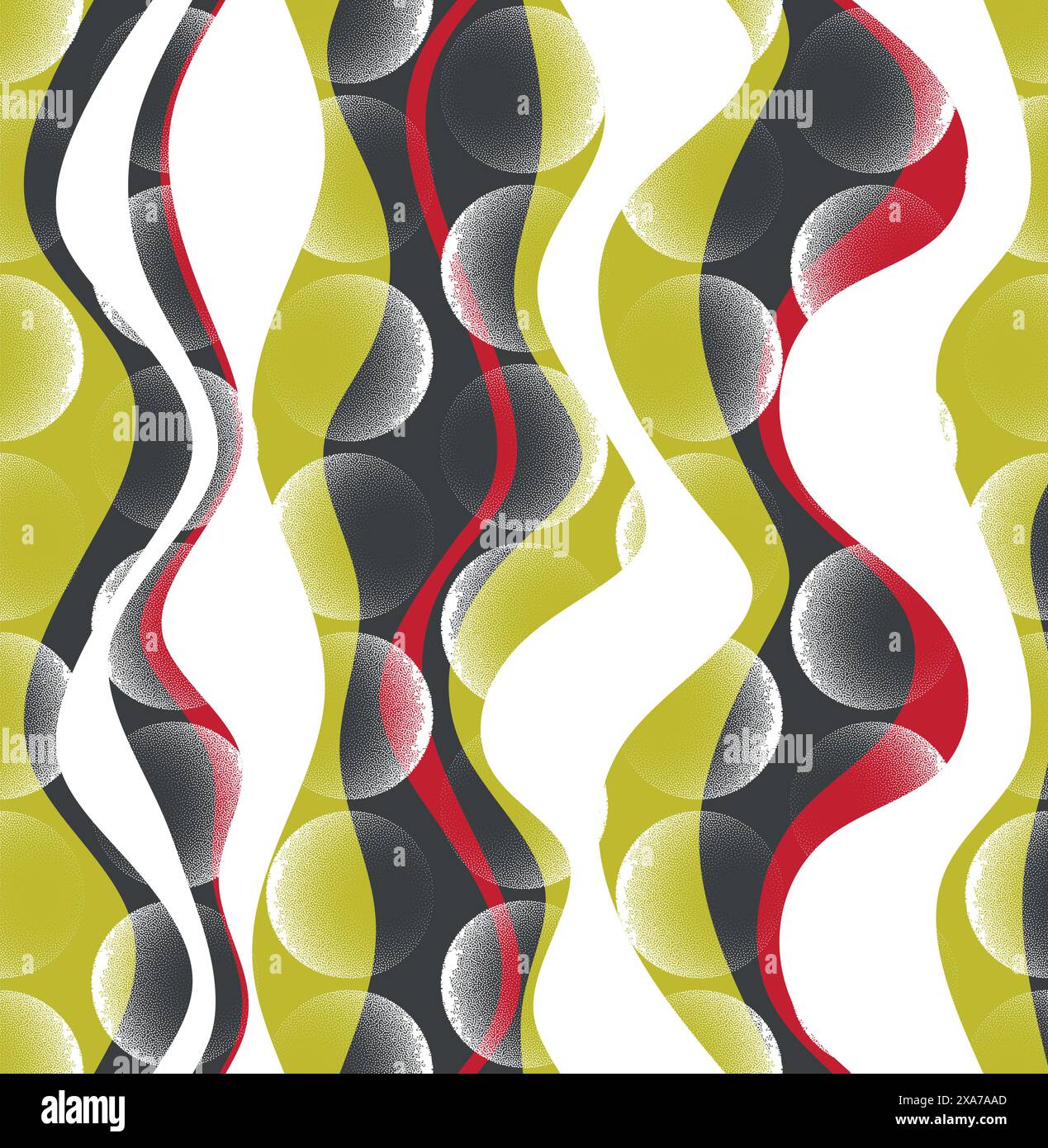Modern spheres dots over color waves seamless pattern Stock Vector
