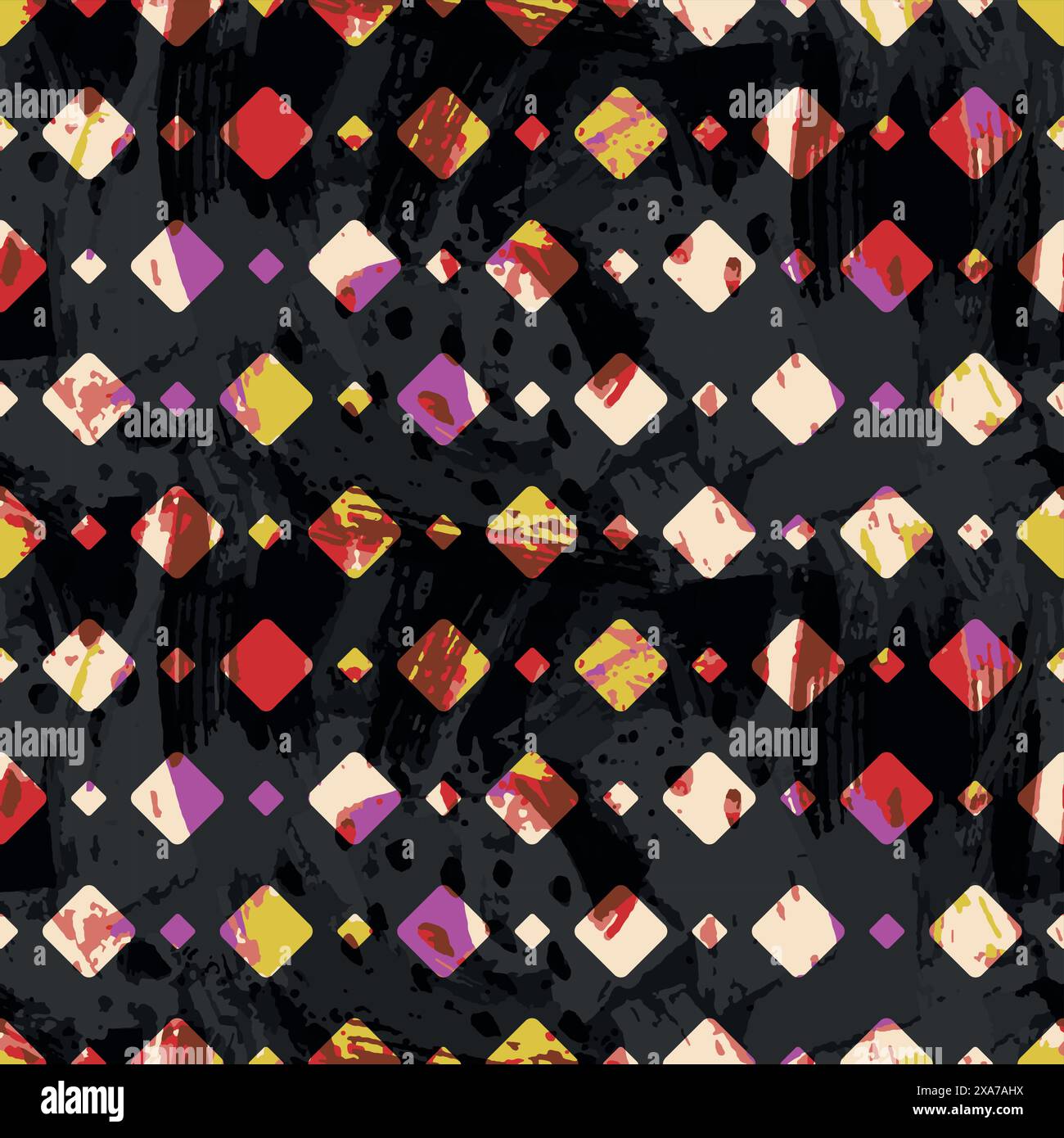 Multicolor rounded diamond seamless pattern with black and grey water color effect at background Stock Vector