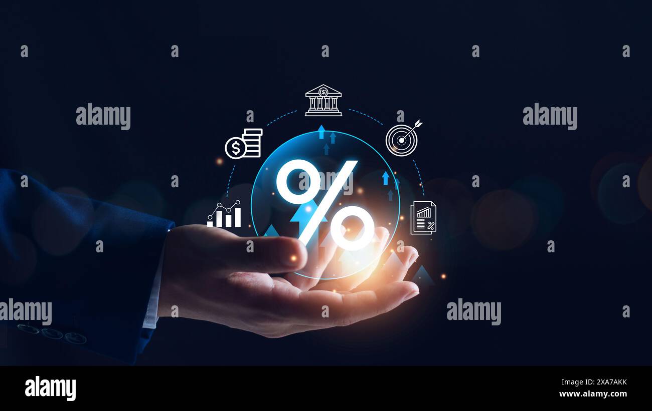 Interest rate and dividend concept. Businessman with percentage symbol ...