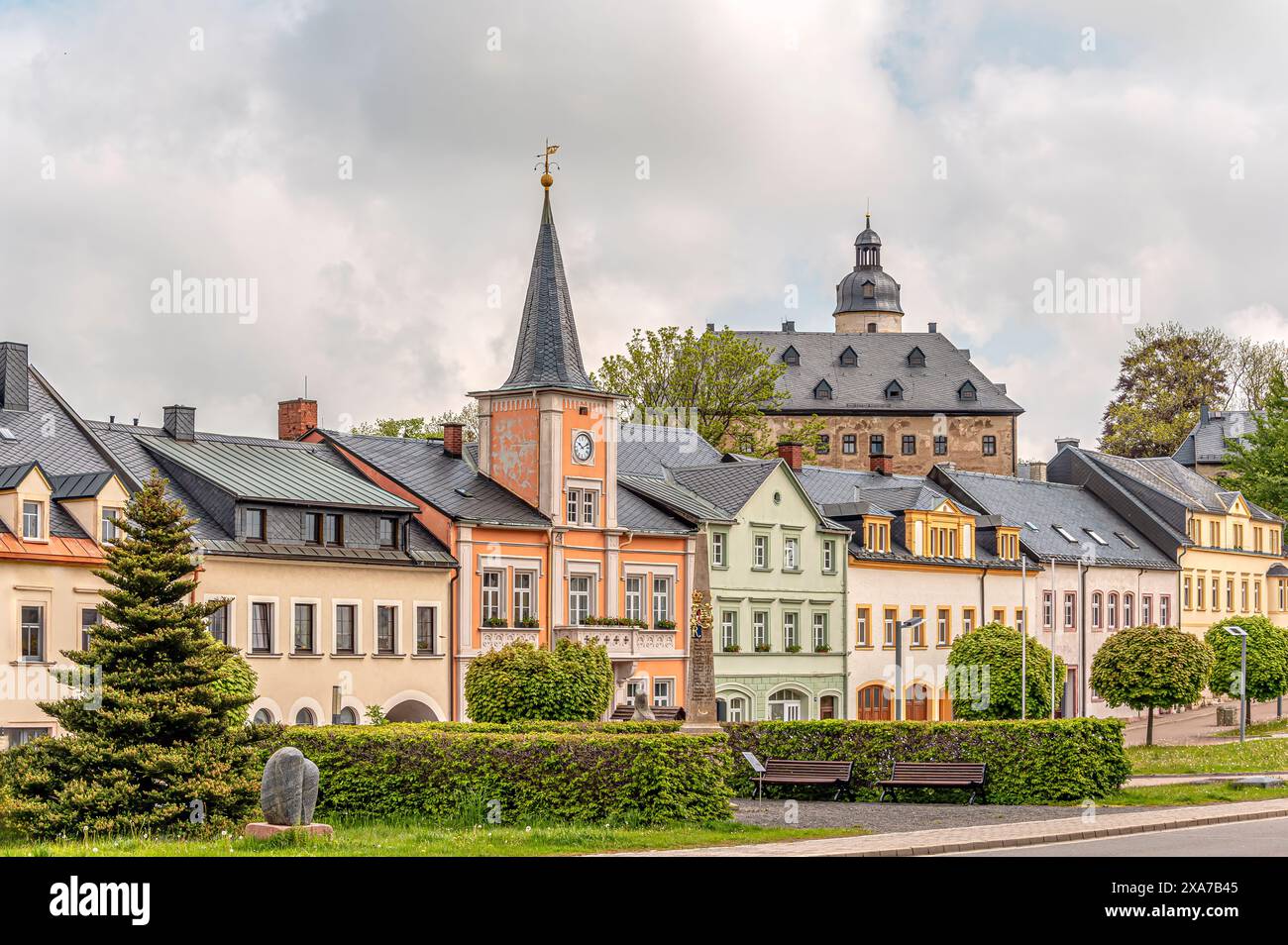 Market square and town hall of Frauenstein, Saxony, Germany Stock Photo