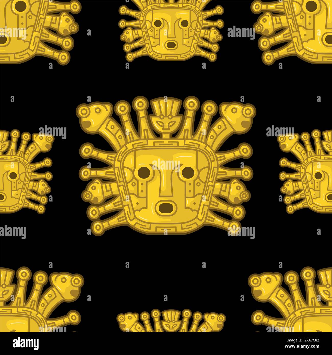 Ancient  peruvian Incaic golden god knowed as 'inti' seamless pattern over black background Stock Vector