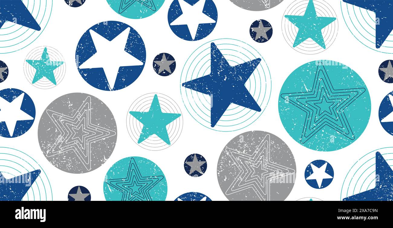 blue and grey circle and stars seamless pattern with worn out effect Stock Vector