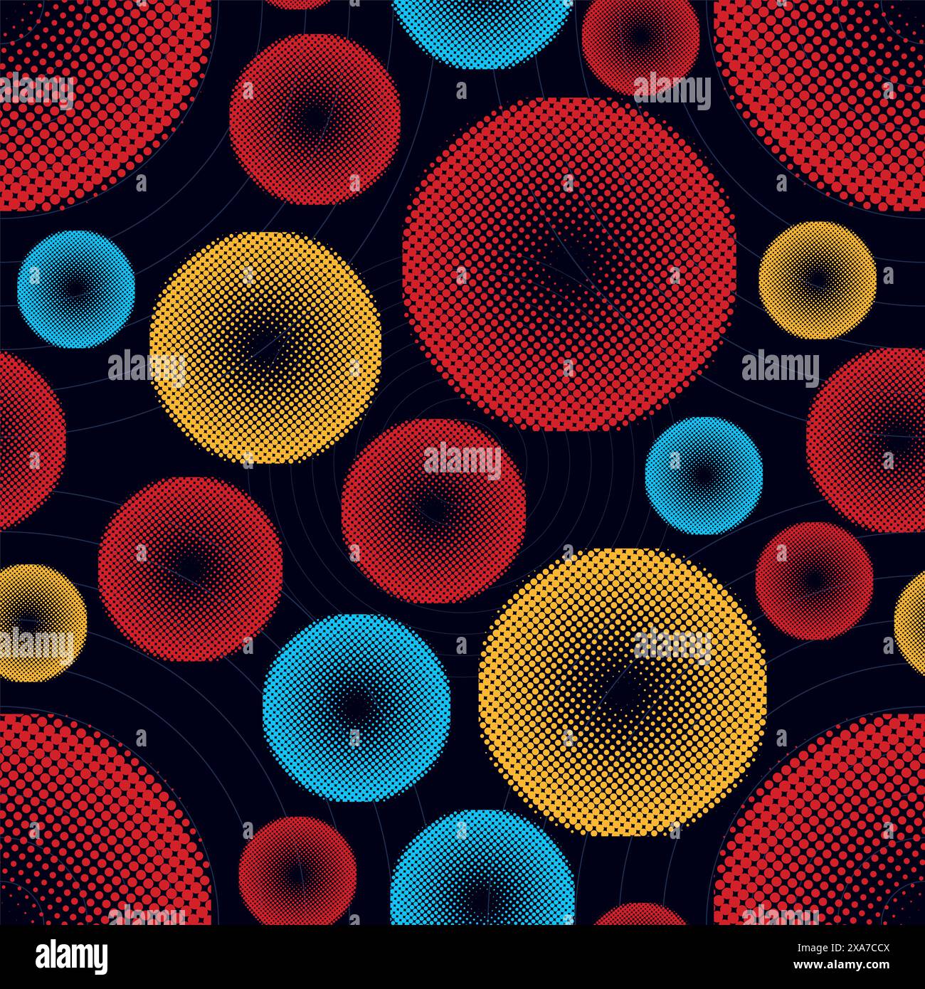 Rounded circle half tone color with black background seamless pattern Stock Vector
