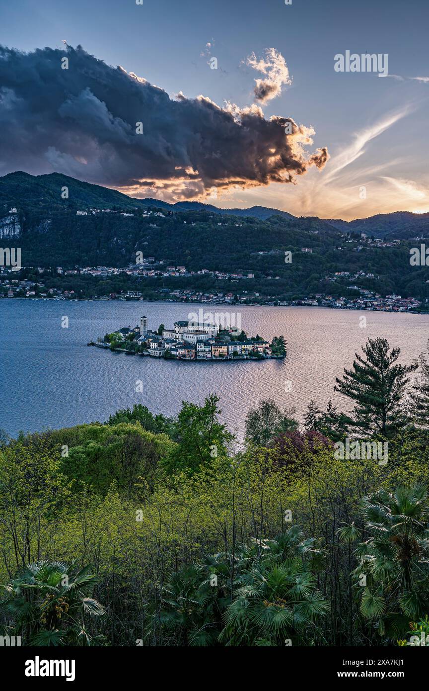 View of Isola San Giulio from the Sacro Monte d&#39;Orta pilgrimage site World Heritage Site, Lake Orta is a northern Italian lake in the northern Ita Stock Photo