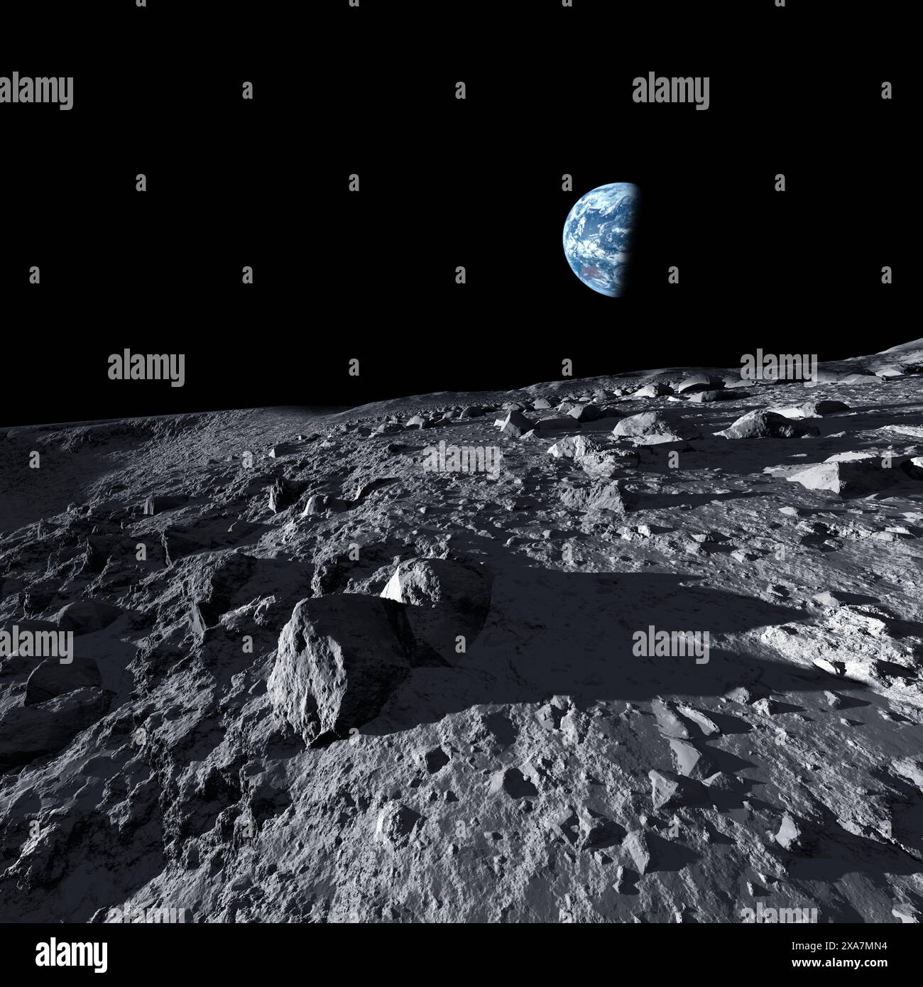 Illustration of Earth over the lunar north pole. The view shows the ...