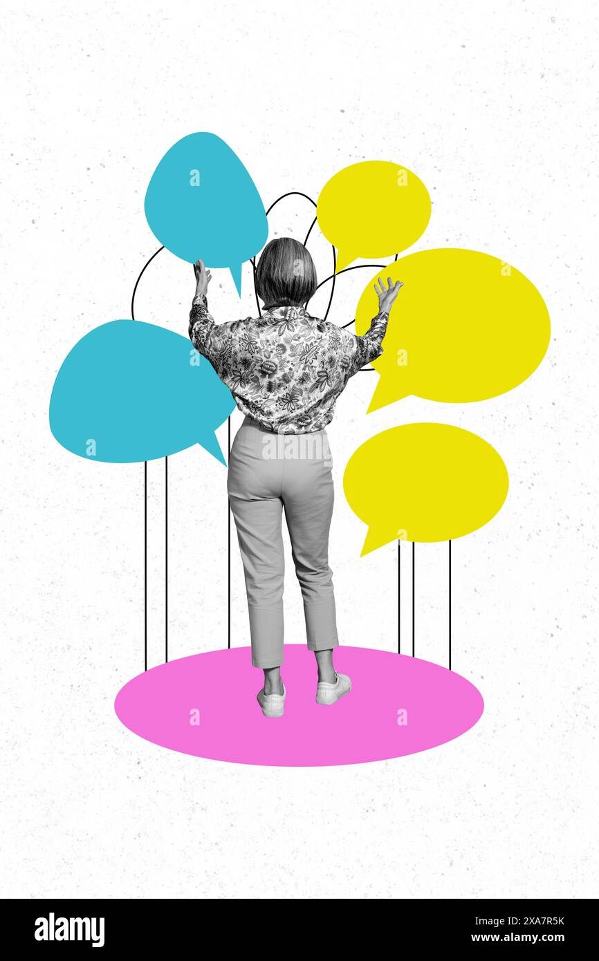 Vertical collage poster mature woman stand back textboxes communication