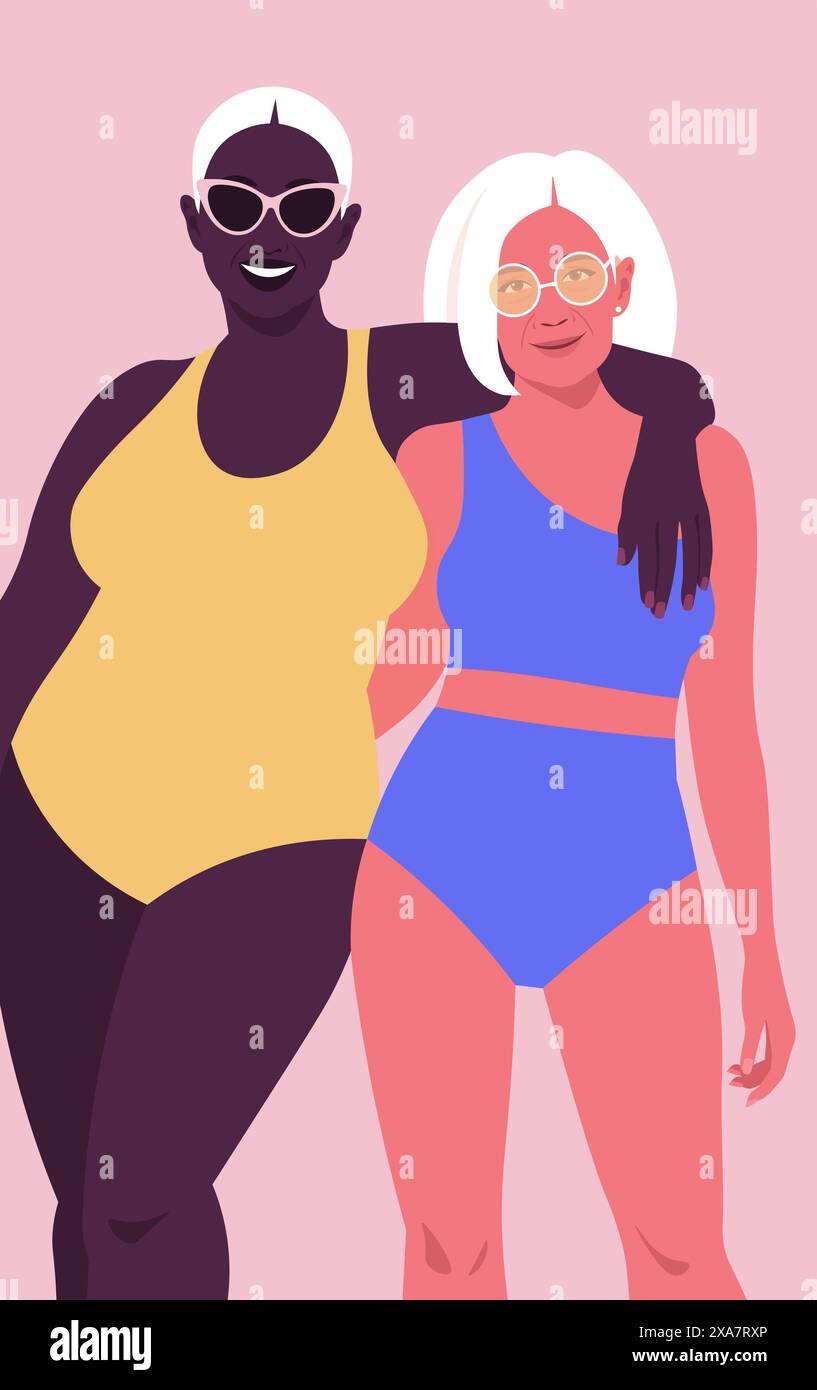 Two elderly women in swimsuits and sunglasses standing in an embrace. Seniors on summer vacation. Vector flat illustration Stock Vector