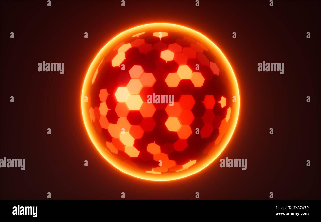 Abstract hexagonal sphere, neon glowing sphere, 3d rendering. 3d illustration. Stock Photo
