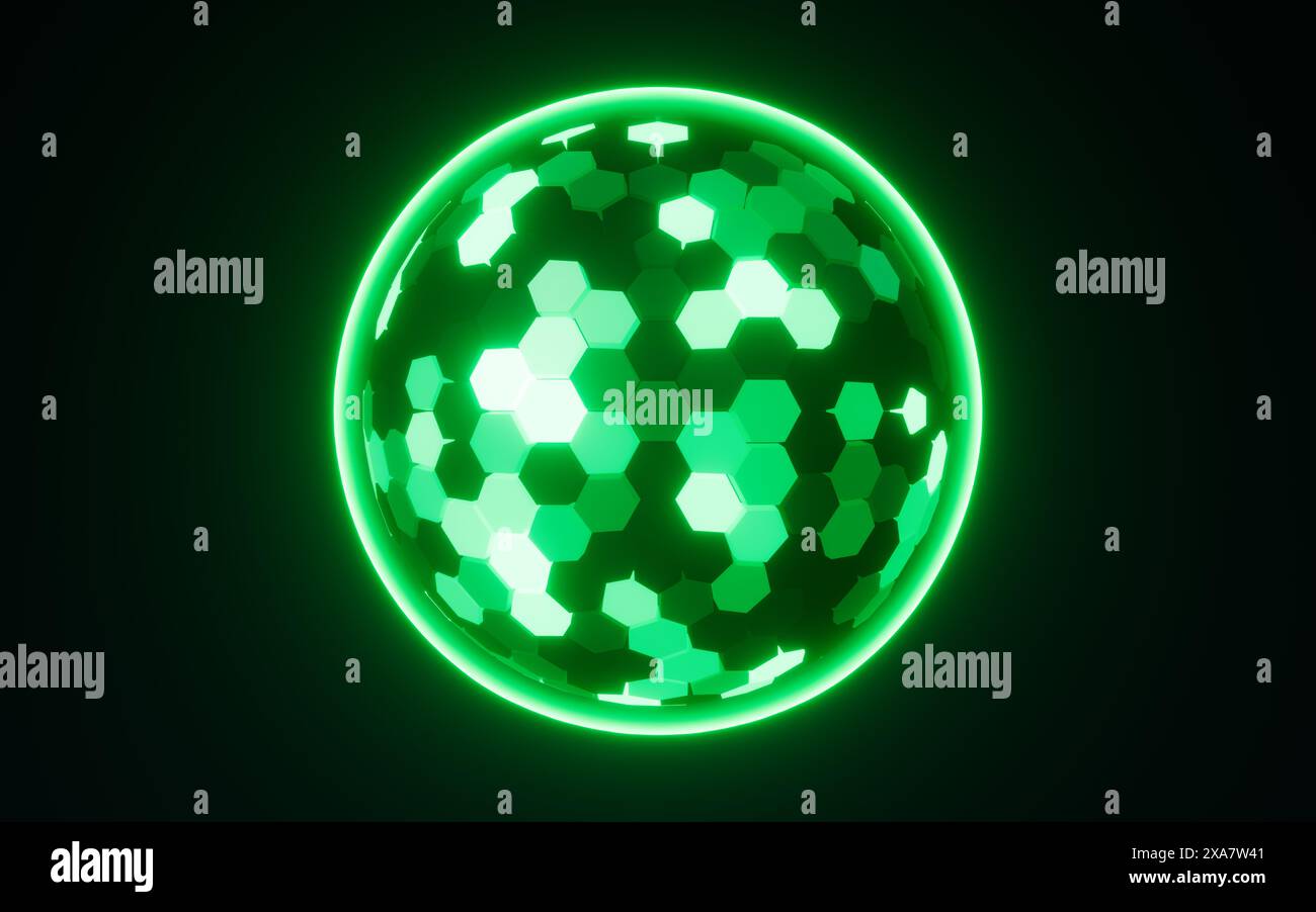 Abstract hexagonal sphere, neon glowing sphere, 3d rendering. 3d illustration. Stock Photo