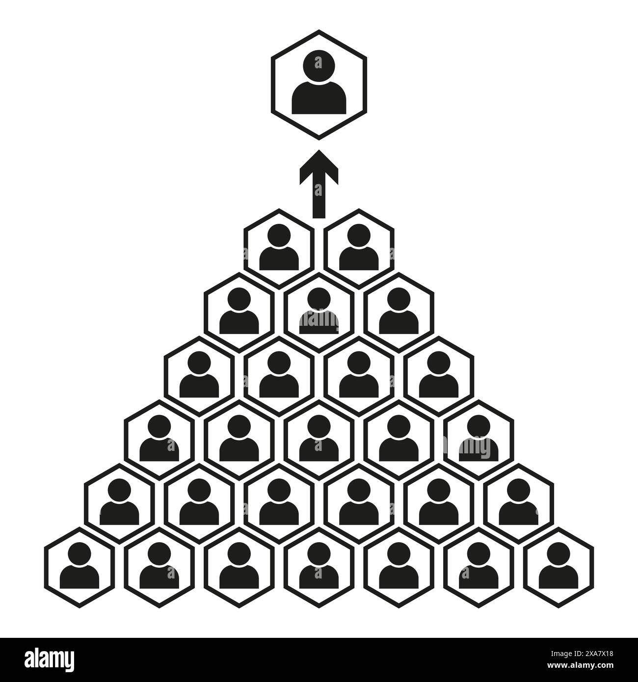 Hierarchical network vector. Leadership structure icon. Team organization chart. Hexagonal people pyramid. Stock Vector