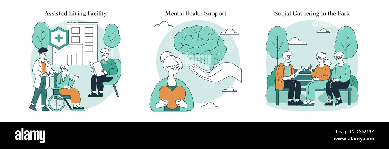 Senior Care Set Active Lifestyle And Mental Wellness For The Elderly