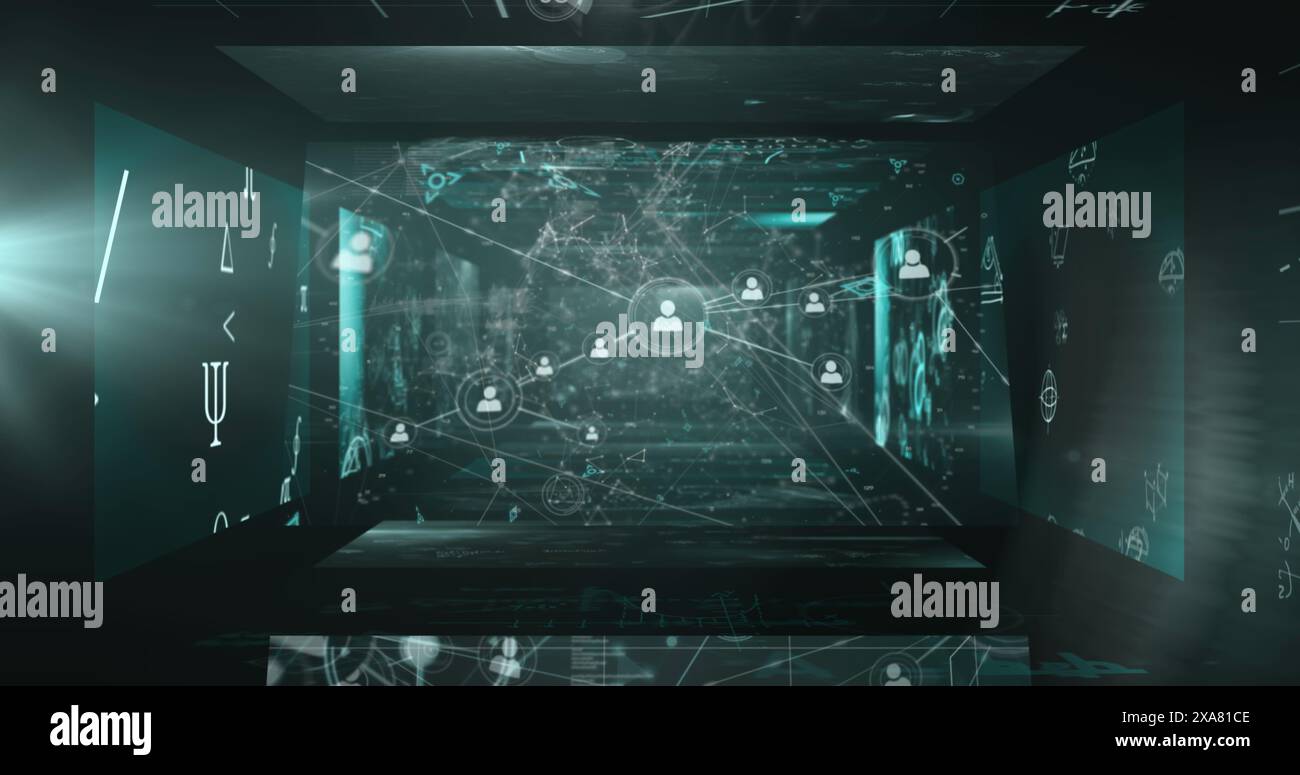 Digital image of network interface with interconnected icons and data ...