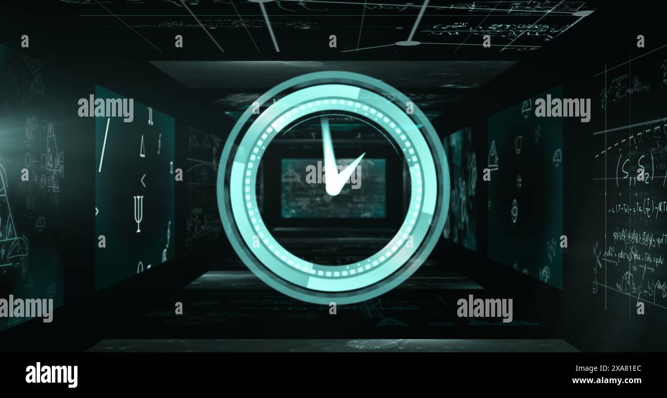 Image of clock moving over scientific data processing on screens Stock Photo