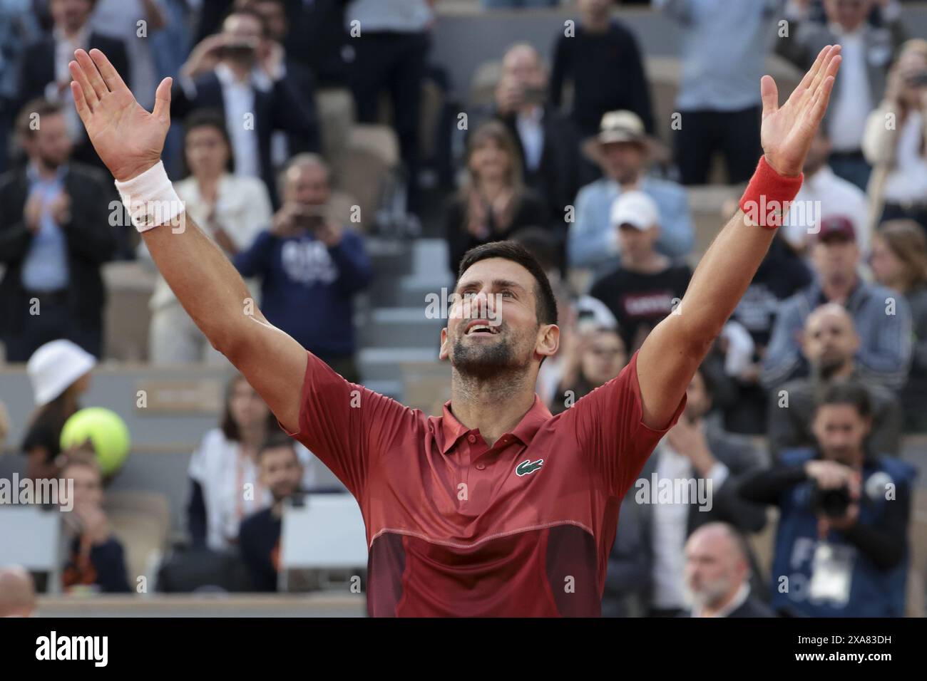 Novak Djokovic of Serbia celebrates his fourth round victory against Francisco Cerundolo of Argentina during day 9 of the 2024 French Open, Roland-Garros 2024, Grand Slam tennis tournament on June 3, 2024 at Roland-Garros stadium in Paris, France Stock Photo