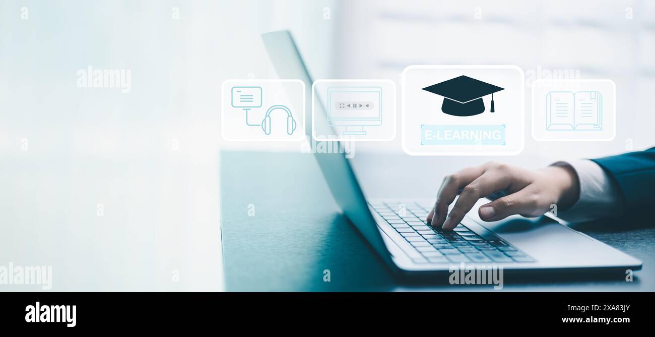 Online course offered by school revolutionizes education, utilizing e-learning and web-based teaching methods to enhance cognition and facilitate stud Stock Photo