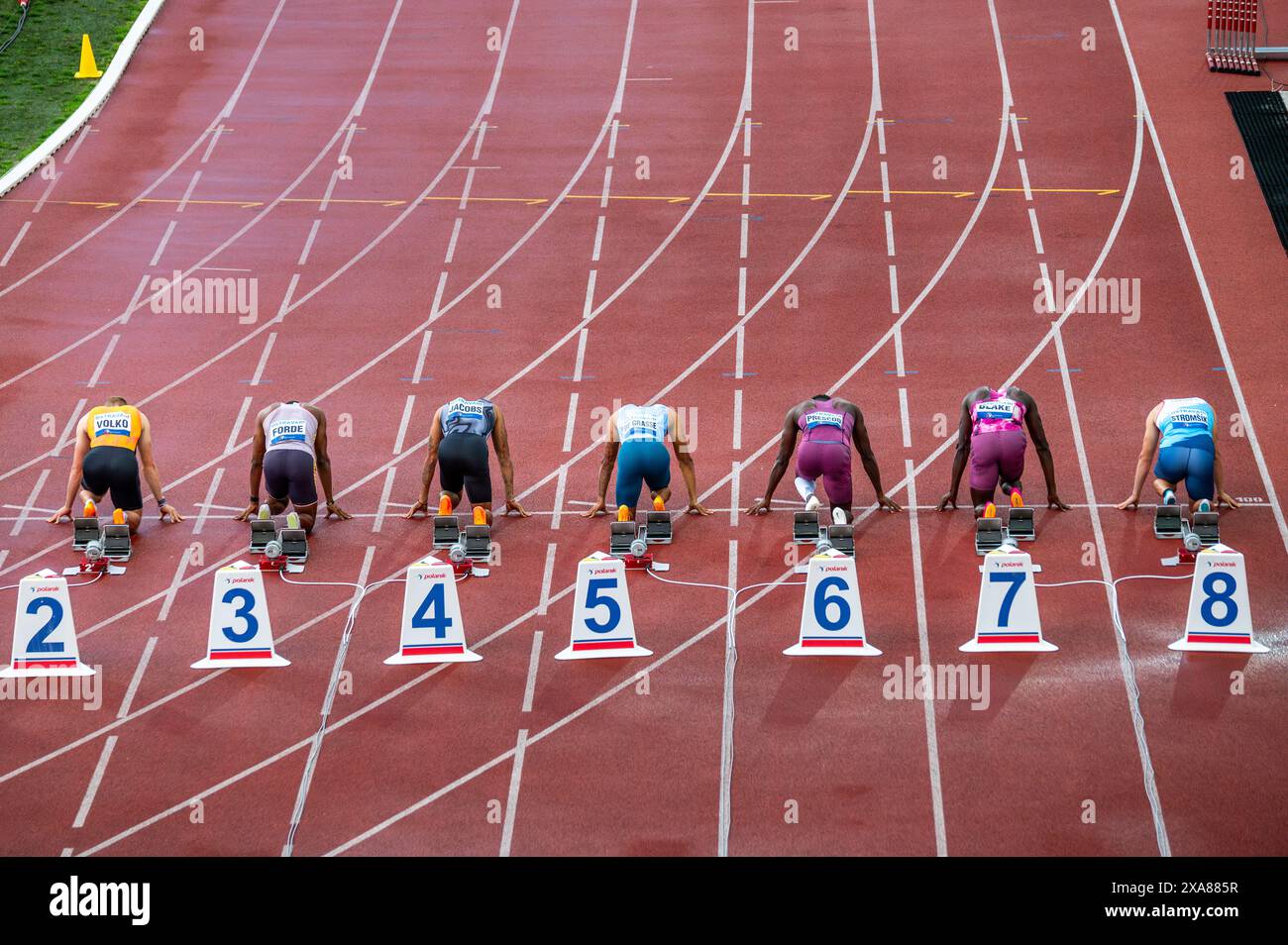 OSTRAVA, CZECHIA, MAY 28, 2024 Elite Sprinters Set for the 100Meter