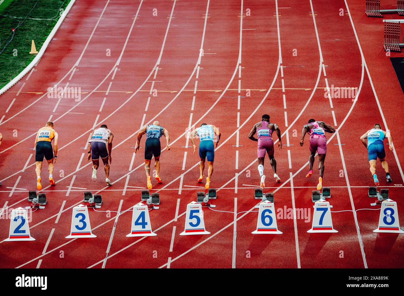 OSTRAVA, CZECHIA, MAY 28, 2025 Elite Sprinters at the start of the 100