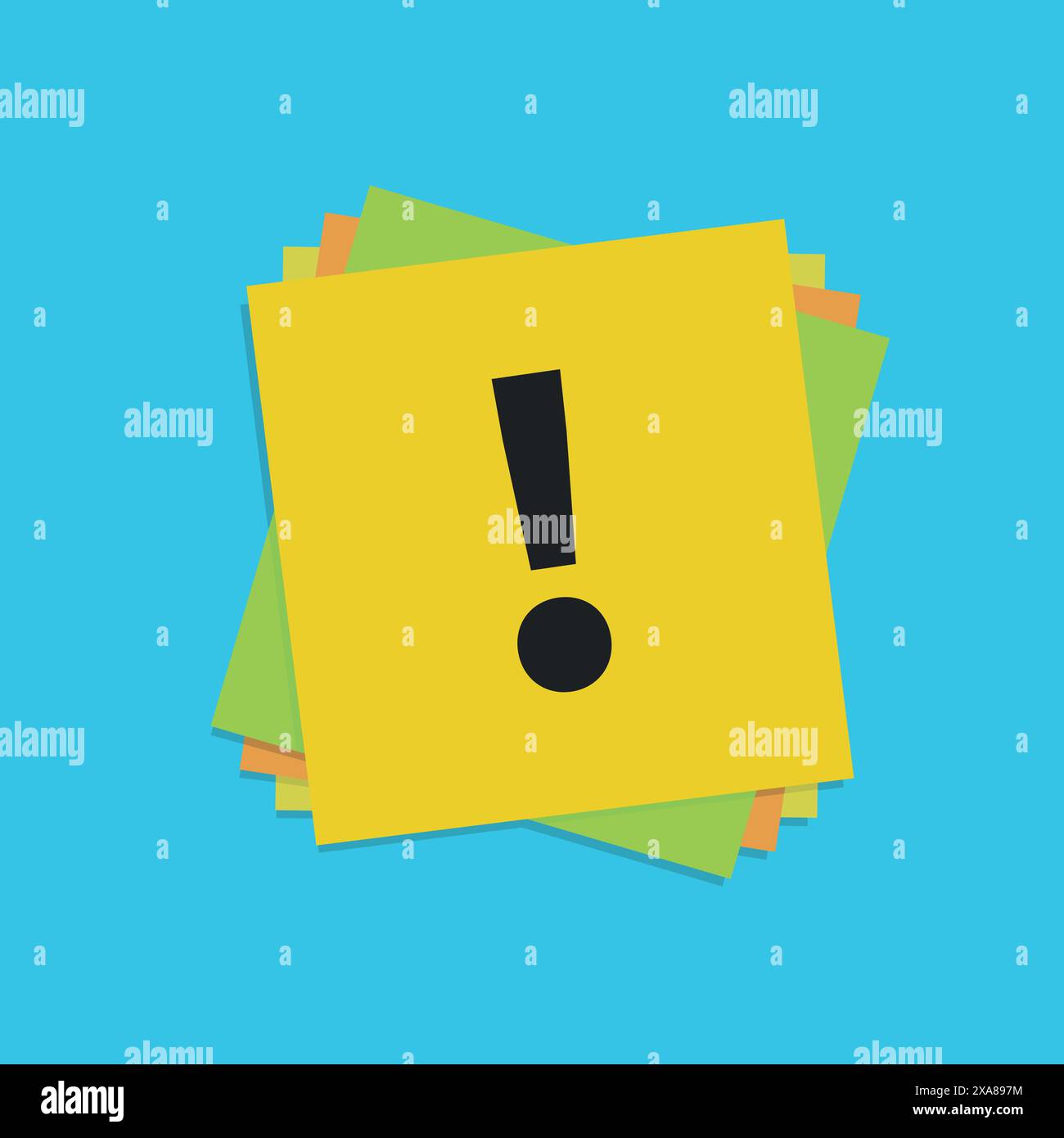 Exclamation mark on stacked post-it note on blue background Stock Vector