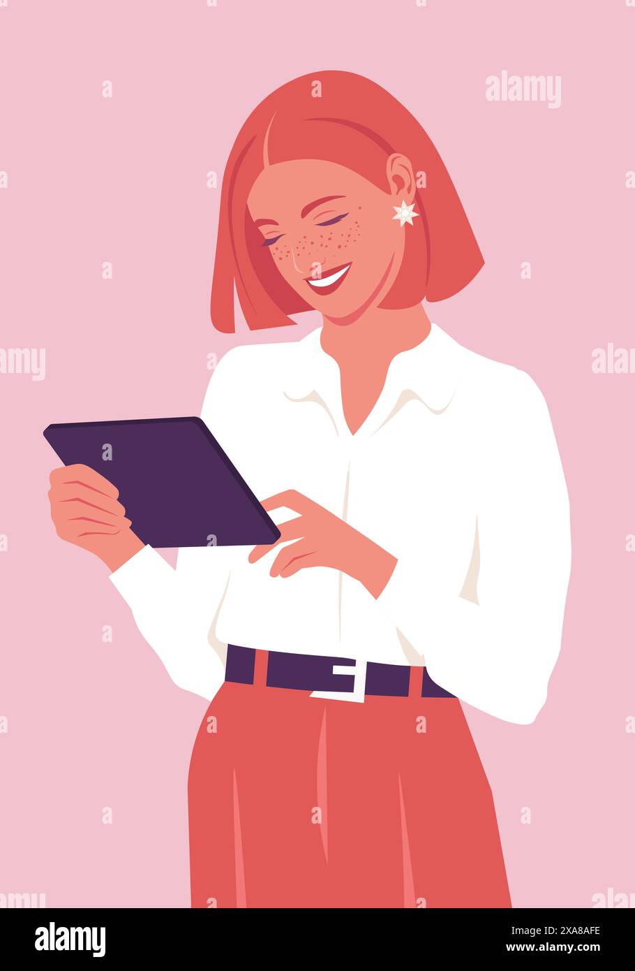Happy business woman planning day with tablet Person standing and Happy business woman planning day with tablet Person standing and