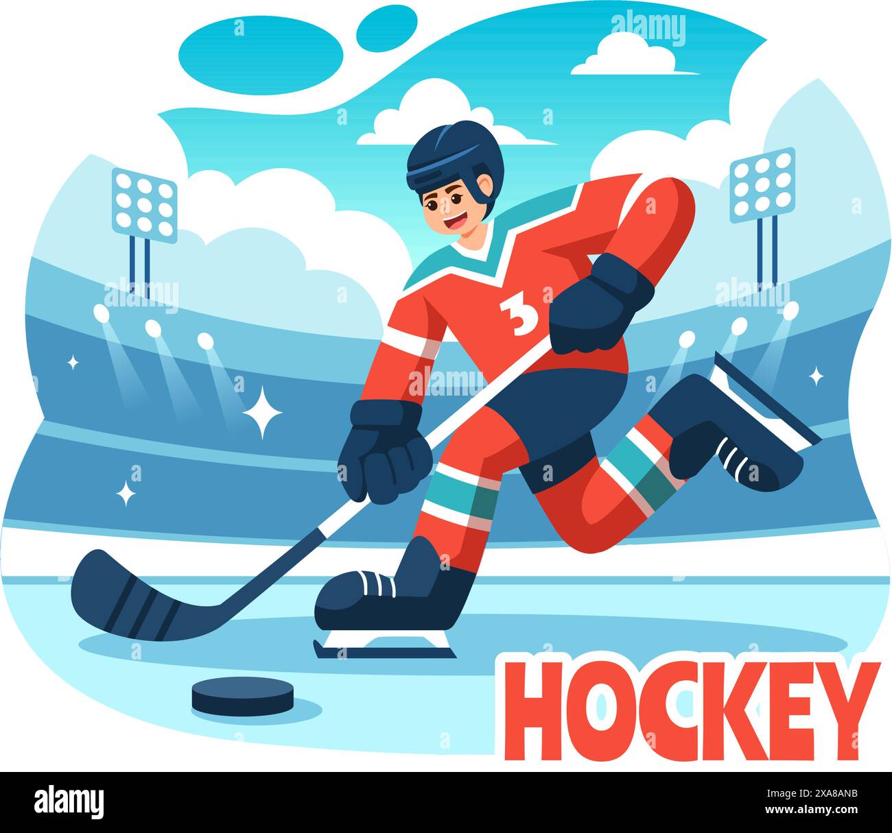 Ice Hockey Player Sport Vector Illustration featuring a Helmet, Stick