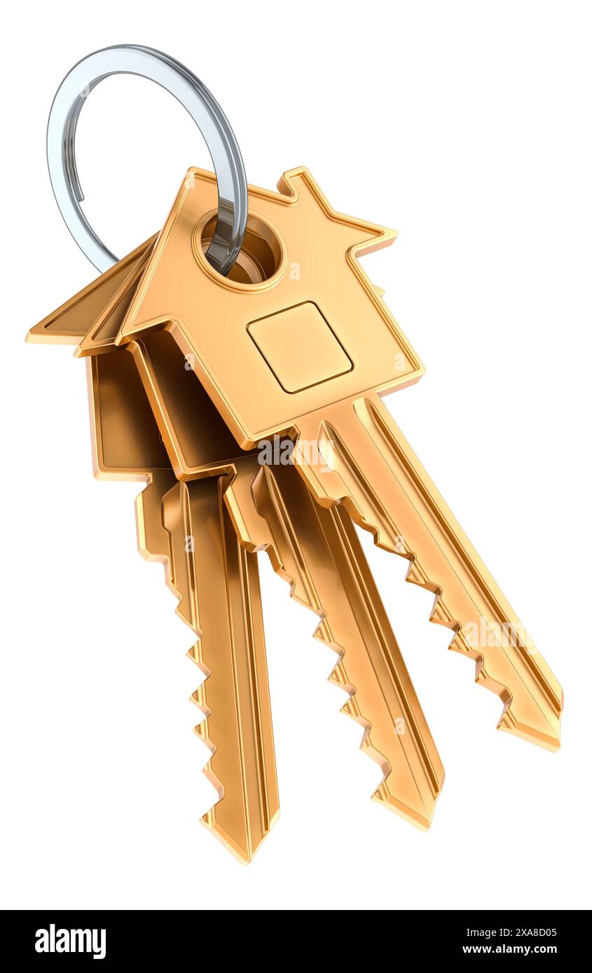 Keys from house on a keyring, 3D rendering isolated on white background Stock Photo