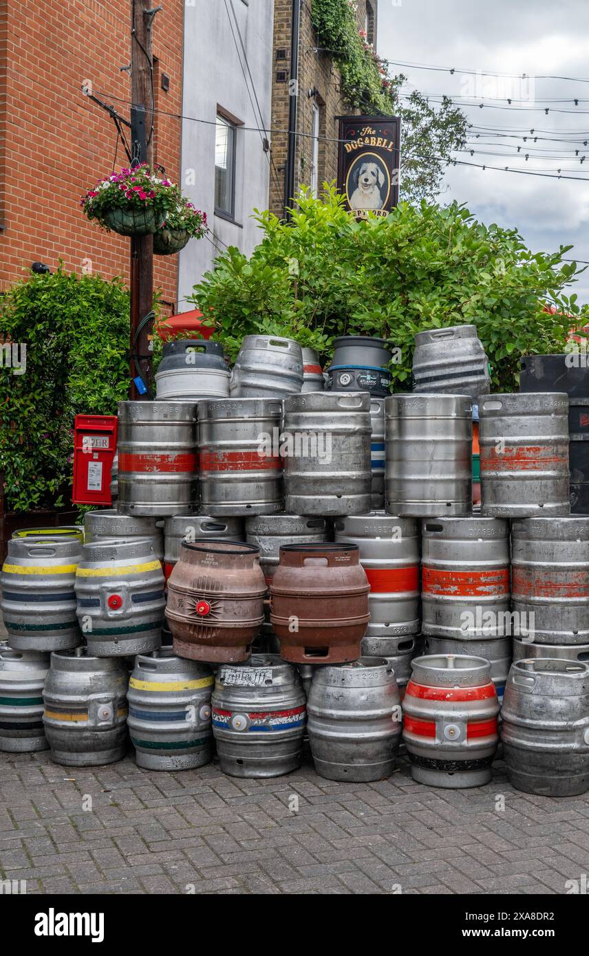 Beer barrels by Dog & Bell pub in  Deptford, London,England,UK Stock Photo