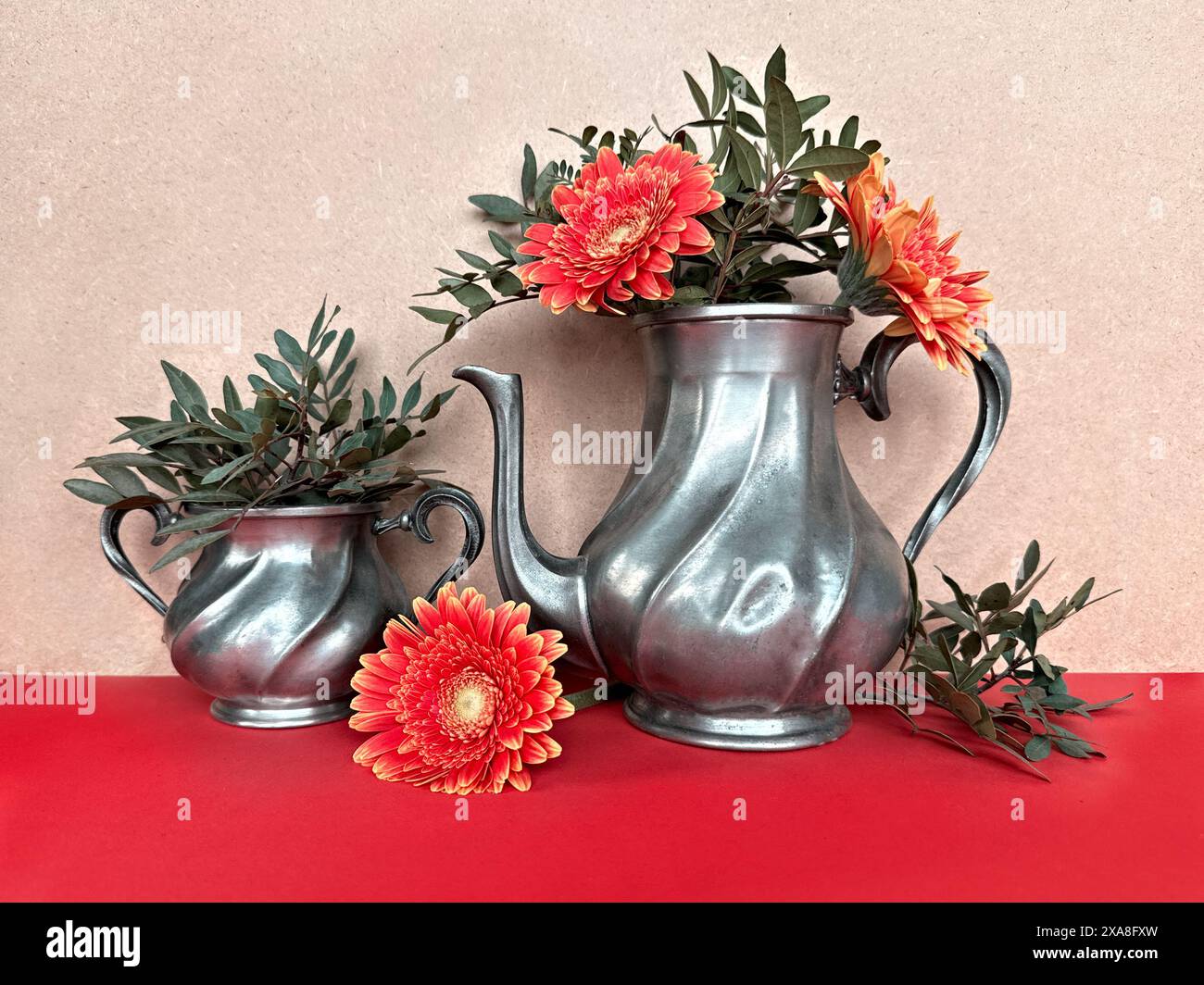 Vintage Pewter Teapots with Bright Orange Gerbera Flowers and Greenery on Red Surface Stock Photo