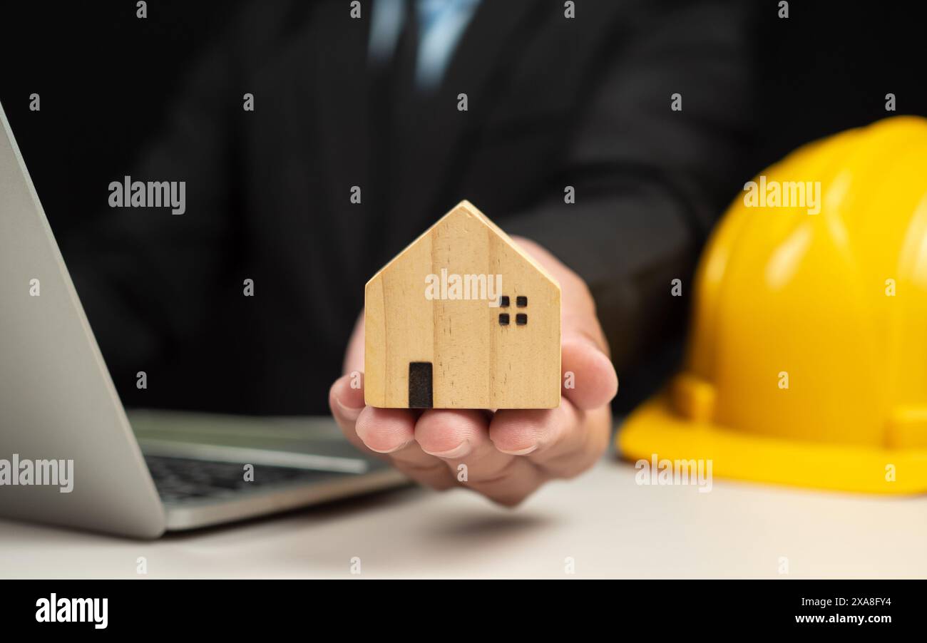 Real estate agents offer housing estates in projects, Explaining and presenting information about homes and purchasing. Real estate trading concept, P Stock Photo