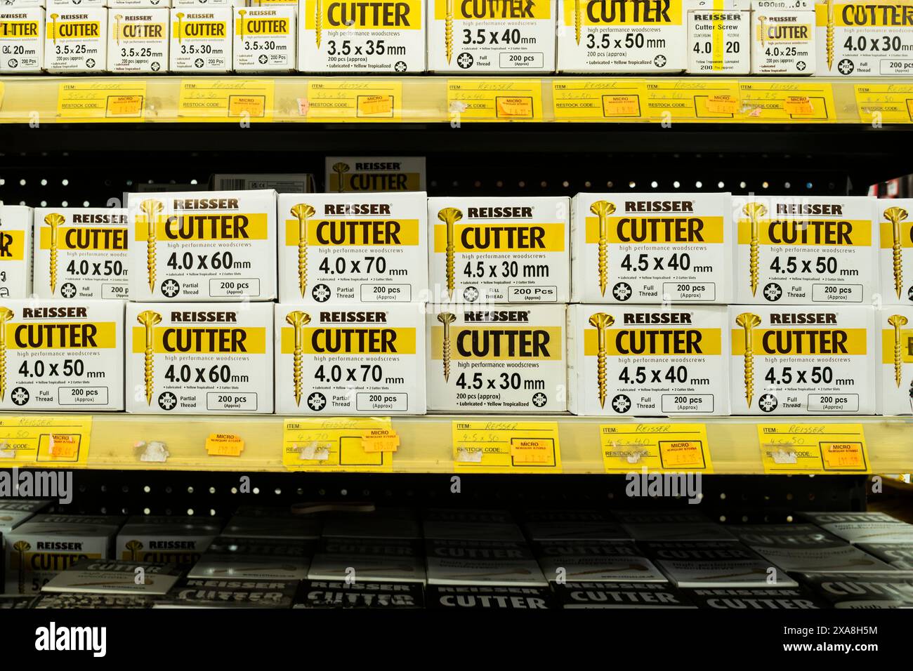 Boxes of Reisser Cutter woodscews on sale in an independent DIY trade centre shop store in Cornwall in the UK. Stock Photo