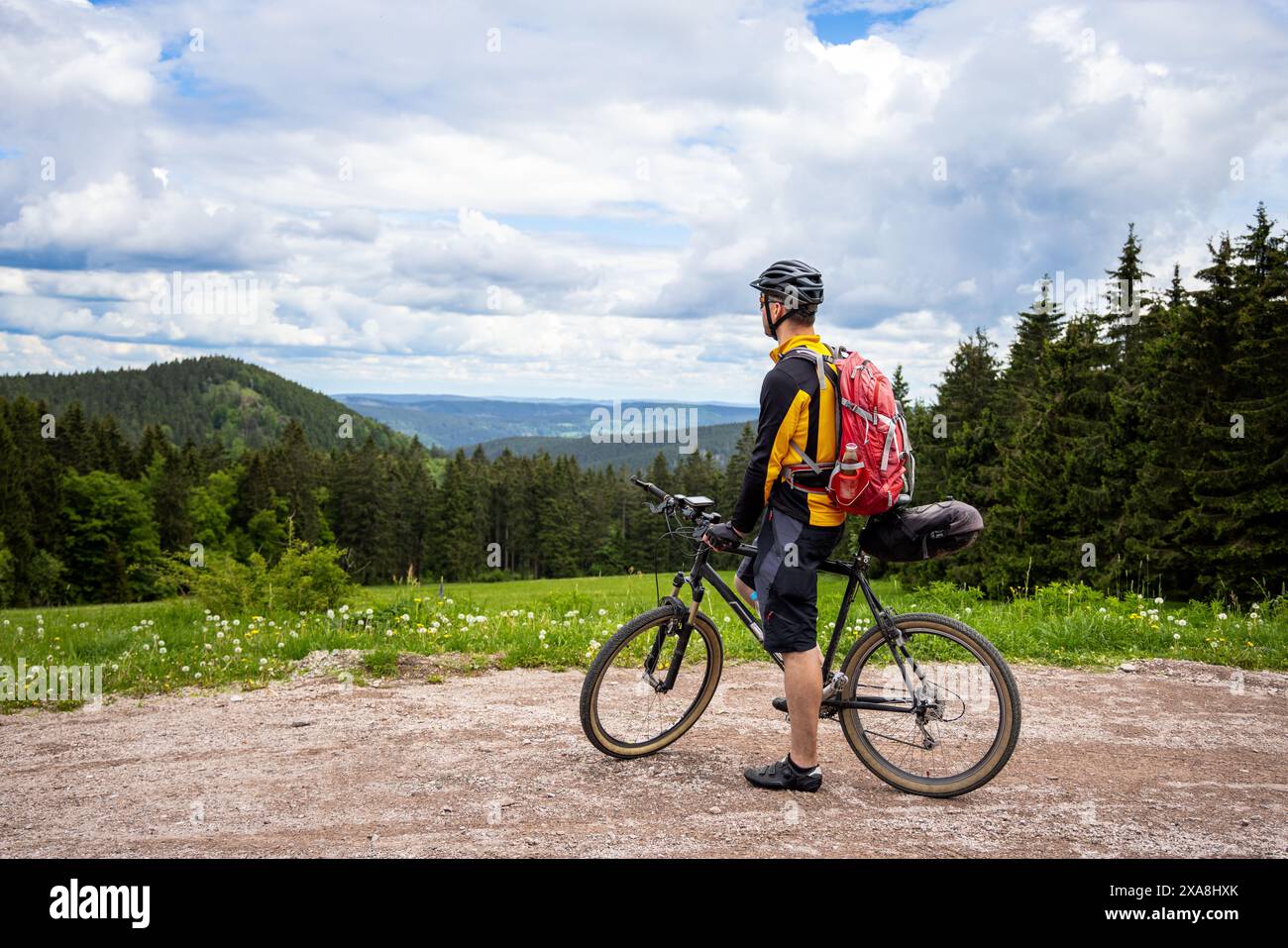 Cyclist on a Mountain Bike Tour Enjoying the View Over the Thuringian Forest Stock Photo