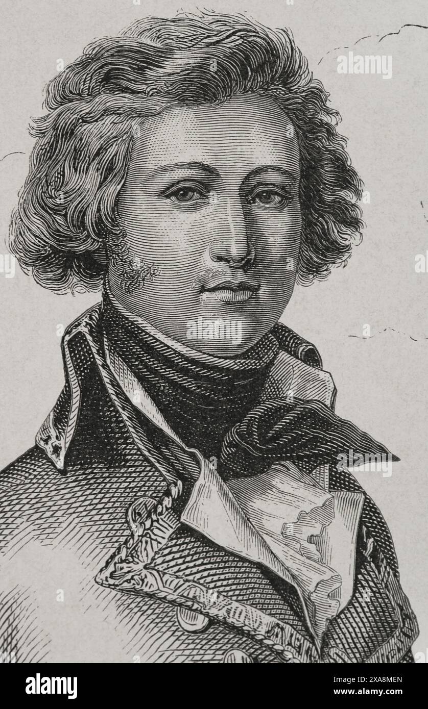 Louis Philippe I of France (Louis-Philippe of Orleans) (1773-1850), Duke of Chartres. King of the French (1830-1848) Portrait of the Duke of Chartres. Drawing by Cerlier. Engraving. Detail. 'History of the French Revolution'. Volume I, 1876. Stock Photo