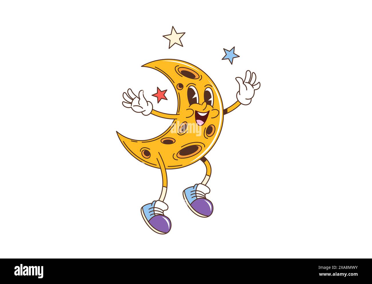Retro groovy moon character. Isolated cartoon vector joyful yellow crescent dances energetically among space stars, embodying vintage, groove vibes with cheerful expression and funky laid-back charm Stock Vector