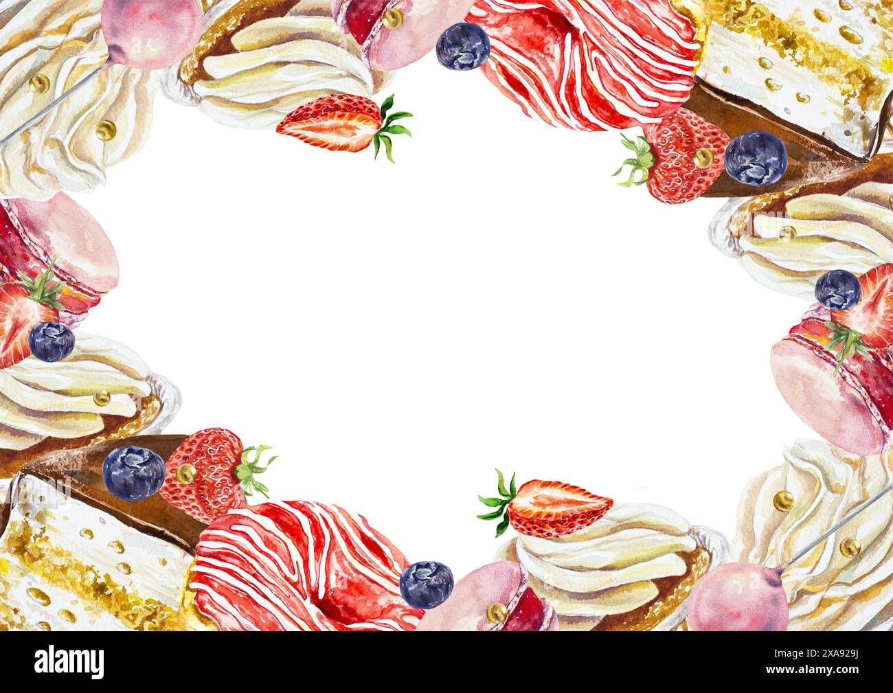 Cakes frame, horizontal. Donut, muffin, cheesecake, macaroon, berries ...