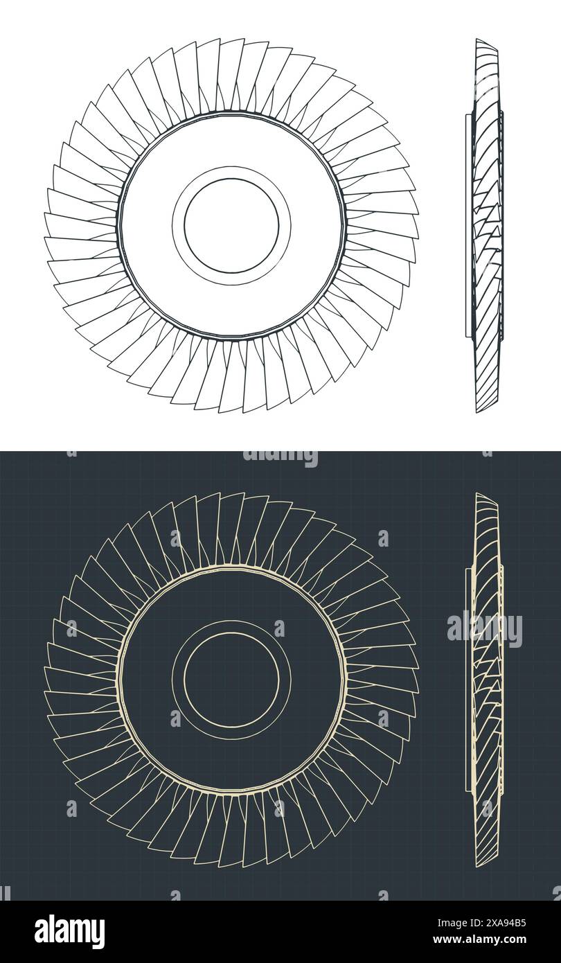 Stylized vector illustration of blueprints of engine compressor blisk ...