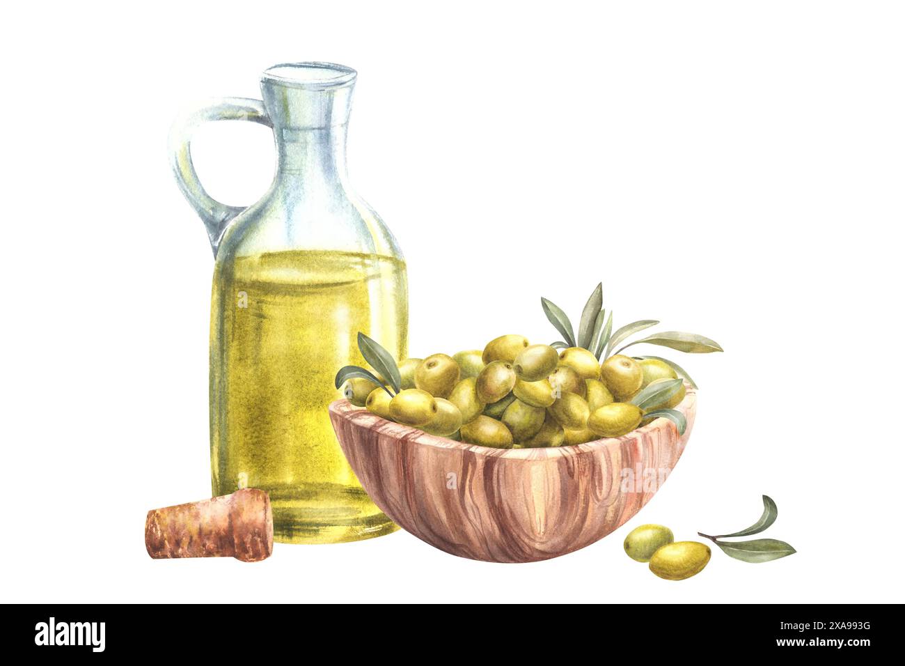 Olive oil in glass bottle with cork. Wooden bowl with green Olives ...
