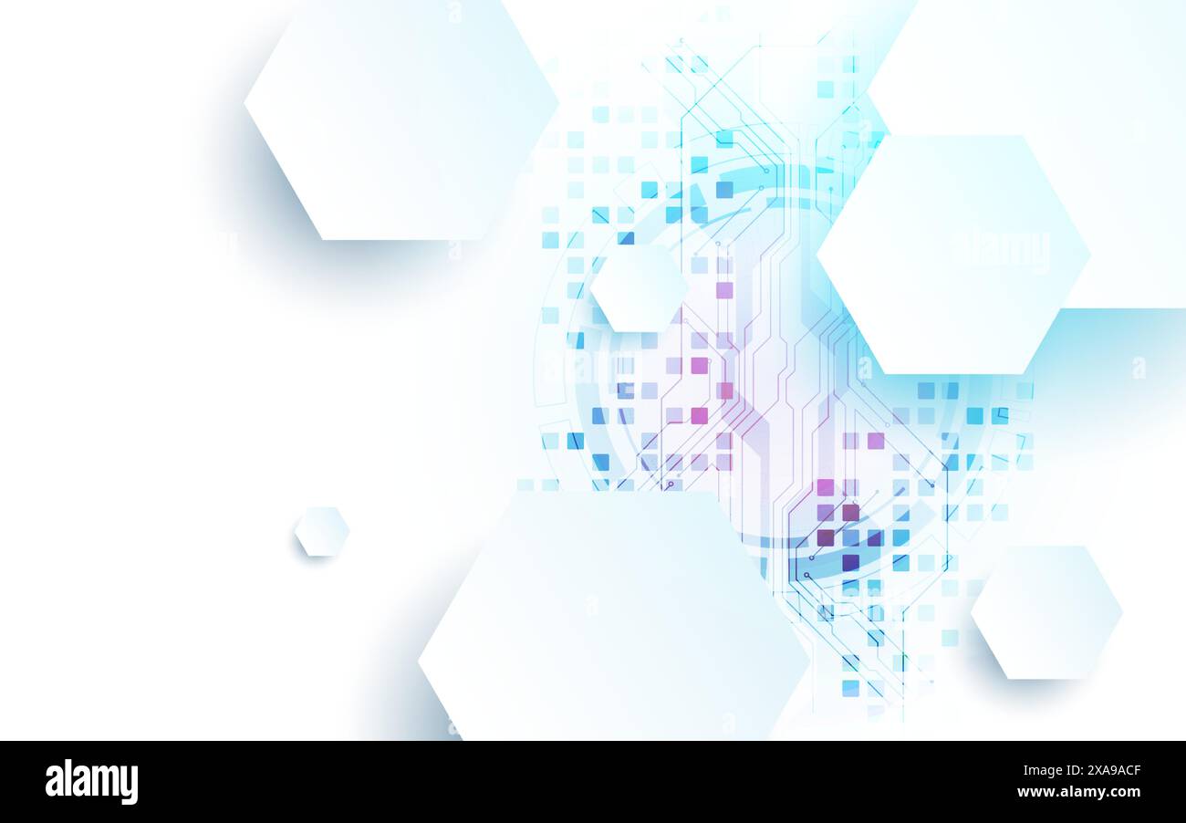 Abstract circuit board and hexagons on gradient color background. Hi-tech digital technology concept. Vector Stock Vector