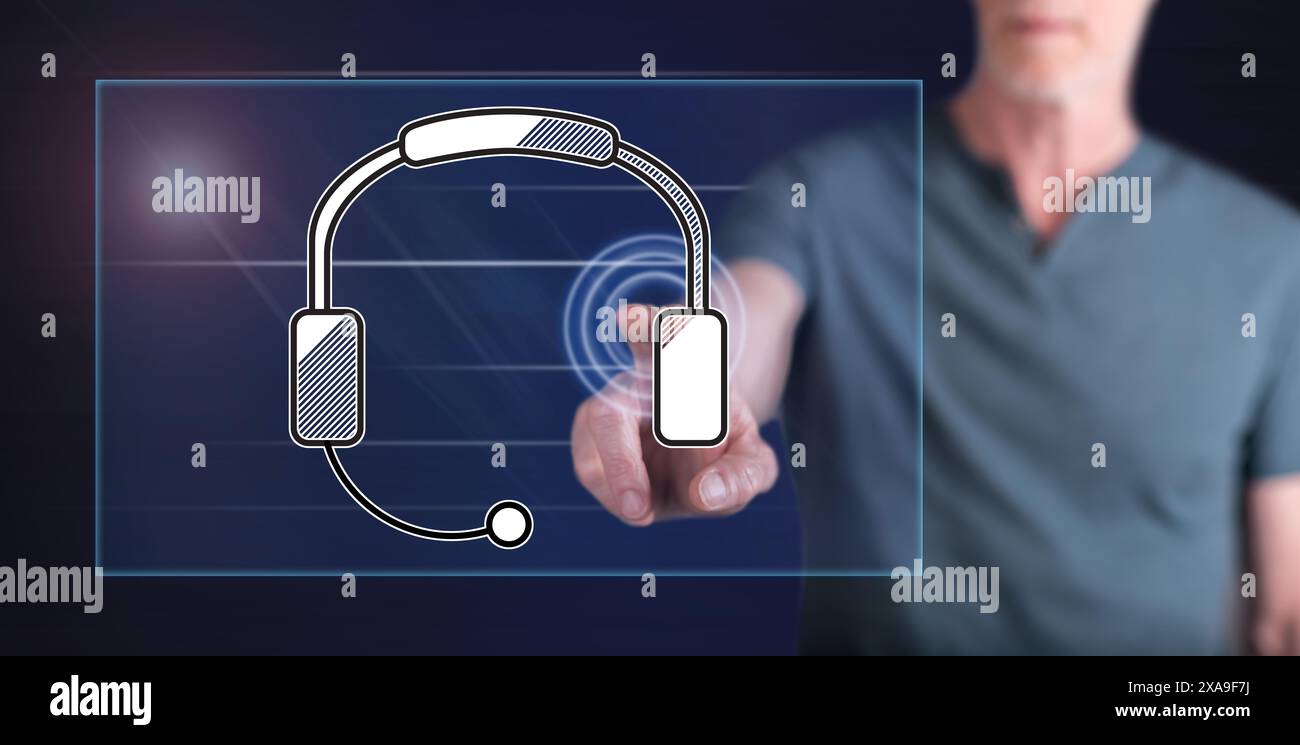 Man touching a technical support concept on a touch screen with his finger Stock Photo