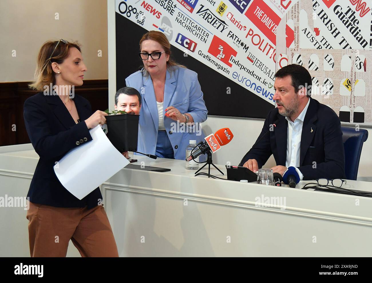 Italy, Rome, June 5, 2024 : Antonella Soldo, president of the national committee of the Radicals and coordinator of the association 'Better Legal', bursts into Salvini's press conference at the headquarters of the Foreign Press and hands him a marijuana plant   Photo © Fabio Cimaglia/Sintesi/Alamy Live News Stock Photo