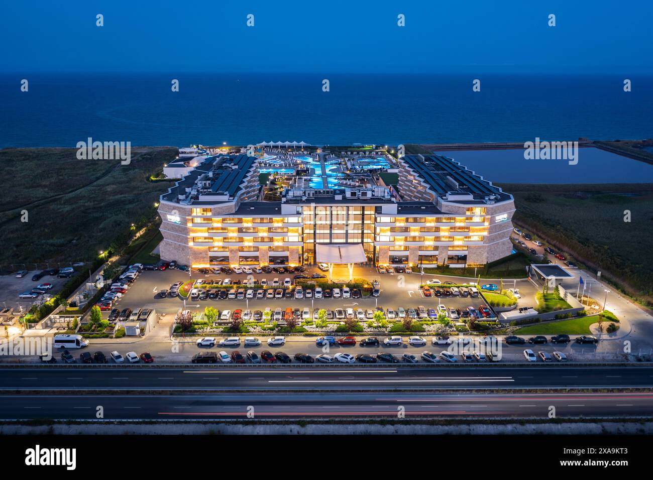 Aerial View Luxury Hotel Wave Resort On Black Sea Bulgaria At Night 