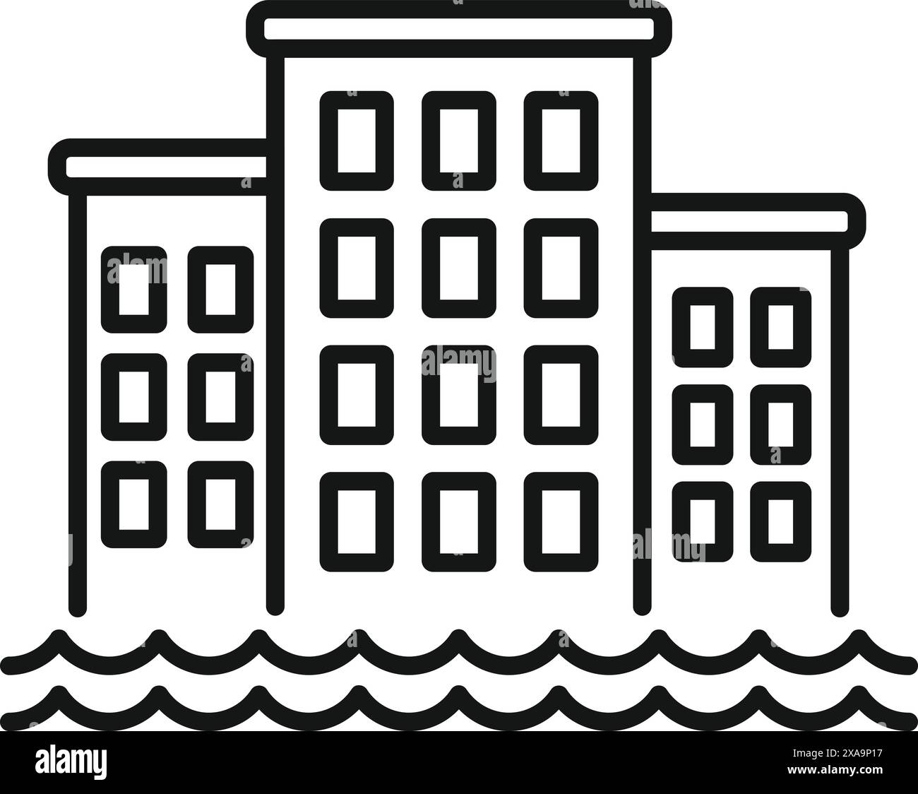Illustration depicting flooding reaching the windows of buildings, symbolizing rising sea levels Stock Vector