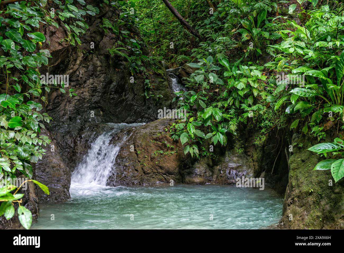 Blue Stream Made From Rocks Water cascades from rocks to a stream in shades of blue and green Stock ...