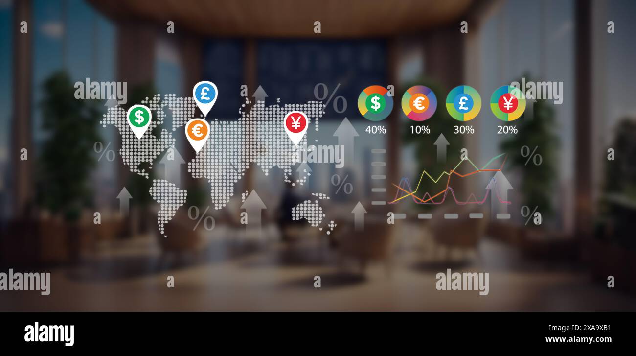 economic concepts. graphs of international currencies with arrows and ...