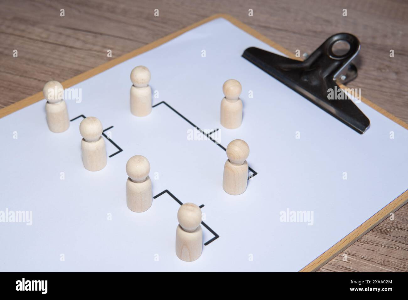 Company hierarchical organizational chart using wooden dolls. Stock Photo
