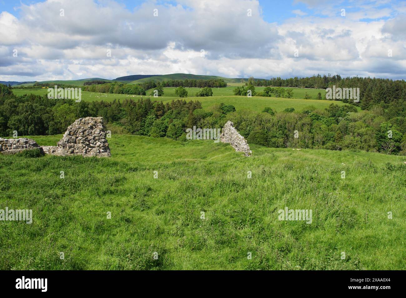 The Ruined Walls of the 12th Century Harbottle Castle in Coquetdale, Northumberland, England, UK Stock Photo