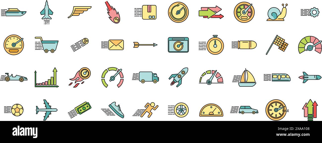 Velocity icons set outline vector. Efficient production. Plan work thin line color flat on white Stock Vector