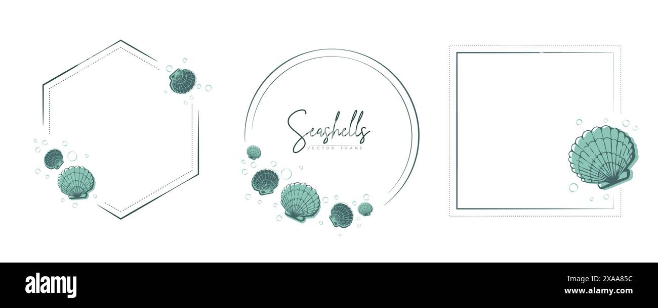 Shell Frame Webdings Set of hand drawn line art frames with shells, bubbles, algae and coral ...